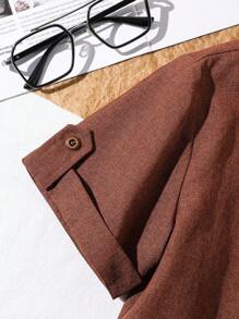 SHEIN 1 件青少年男孩立领绅士卡其色纯色休闲短袖衬衫，春夏 - 棕色 - 查看 4