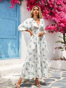 Vivid Eden 女士休闲度假浪漫V领束腰连衣裙 - 彩色 - 查看 7