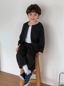 Hapijoa 2 件套男童休闲宽松字母印花夹克和直筒运动裤套装，秋季 - 灰色 - 查看 7