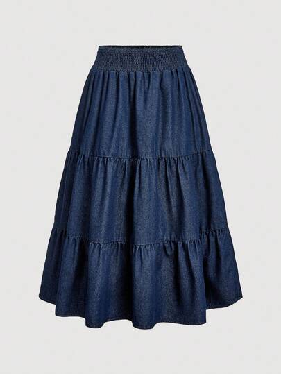 SHEIN MOD Plus Size Women Casual Denim Skirt With Ruffle Hem Tiered Denim Skirt Jean Skirt Mid Length Cotton Skirt Mid Length Denim Skirt Fall Outfits For Women Halloween Costume For Women Christmas Outfit Women Curvy Party Long Skirt Elegant Skirt For Party Women's Country Clothing Country Concert Outfit Country Outfits For Women