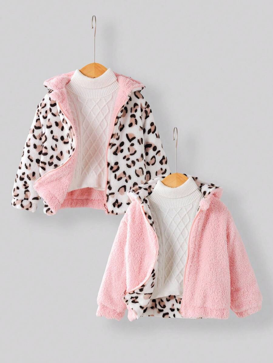 SHEIN Babygirl 秋冬可爱蓬松豹纹连帽夹克 - 粉色 - 查看 1