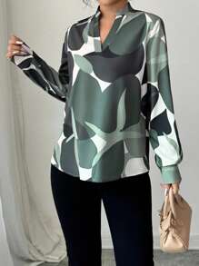 Elenzga 休闲拼色印花缺口领衬衫，适合春秋季节 - 橄欖綠 - 查看 4