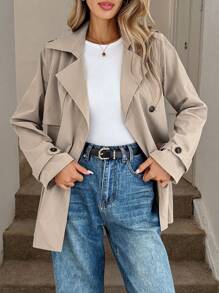 Easowa Áo khoác trench coat nữ màu kaki thường ngày có cổ ve và túi, dáng dài thông thường, áo khoác trench coat cỡ lớn cho nữ, áo khoác trench coat mùa thu, áo khoác trench coat trung tính - Màu Khaki - Xem 2