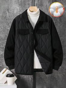 SHEIN Jaqueta/Casaco Acolchoado Grosso com Colarinho Virado, Bolsos Decorados, Casual Versátil e Confortável para Meninos Pré-Adolescentes - Preto - Visão 1