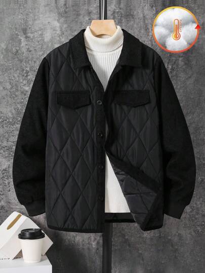 SHEIN Tween Boys' Casual Everyday Versatile Comfortable Decorated Pocket Turndown Collar Thick Padded Jacket Coat Suitable For Birthday Parties, Evening Parties, Performances, Weddings, Baptisms, Opening Ceremonies Daily Suitable For Daily Use Suitable For School Suitable For Travel Suitable For Sports Suitable For Autumn And Winter Fall