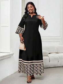 SHEIN Lady CURVE 春夏秋冬大码缺口V领梭织黑色宽袖经典惠子条纹印花大码长袍连衣裙 - 彩色 - 查看 6