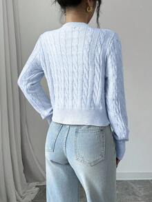EURMUSE Damtröja med v-ringning och långärmad, avslappnad, kort tröja, tvinnad kabelmönster - Babyblå - Visa 2