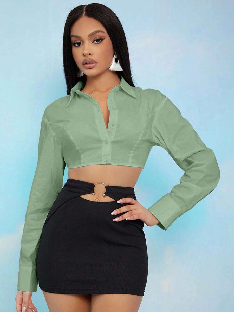 EURMUSE Áo sơ mi nữ tay dài đơn giản, tối giản, màu trơn - Màu xanh chanh - Xem 1