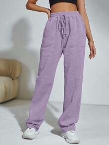SHEIN Cottnline Women's Casual Solid Color Straight Leg Sweatpants - Lilac Purple - View 6