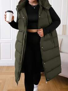 EURMUSE Áo khoác vest mùa đông màu đen dài có mũ trùm đầu cỡ lớn - xanh quân đội - Xem 4