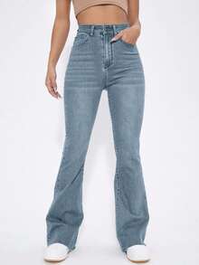 EURMUSE Women's Solid Color Minimalist Daily Wear High Waist Flare Jeans - Light Wash - View 3