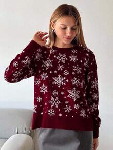 EURMUSE 女士雪花图案休闲宽松圆领长袖套头毛衣 - 酒紅色 - 查看 4