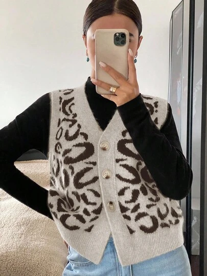 Siren Gaze Women's V-Neck Leopard Print Single-Breasted Casual Knit Vest In Fall/Winter,Leopard Print Top,Cheetah Print Top,Leopard Print Top Casual