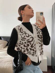 Siren Gaze Women's V-Neck Leopard Print Single-Breasted Casual Knit Vest In Fall/Winter,Leopard Print Top,Cheetah Print Top,Leopard Print Top Casual - Multicolor - View 5