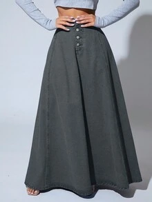 EURMUSE 女士时尚长款 A 字形牛仔中长裙 - 深灰色 - 查看 6