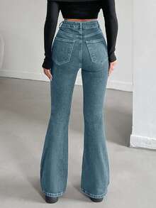 EURMUSE 98%Cotton Solid Color Slant Pocket Casual Flared Jeans - Light Wash - View 2