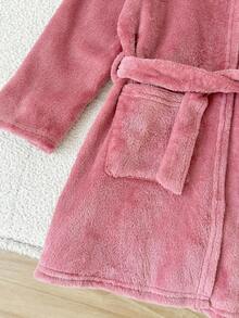 SHEIN 粉色女童可愛兔子圖案卡通刺繡連帽抓絨浴袍，秋季仙女之夜毛絨家居服，幼童小女孩可正反穿冬天睡袍 - 淺粉色 - 查看 5