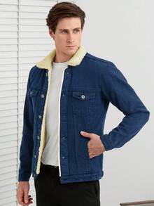 RueChic 100%纯棉男士博格领翻盖口袋保暖内衬牛仔夹克