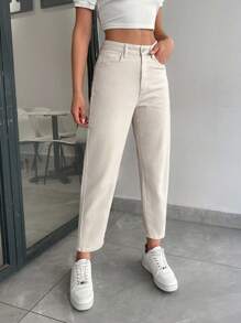 EURMUSE High Waist Basic Mom Fit Jeans - Beige - View 9