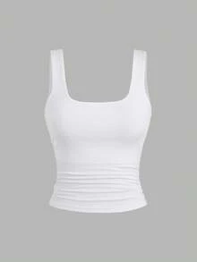 Sweetra Women's Solid Color Square Neck Pleated Fitted Casual Tank Top - Multicolor - View 5