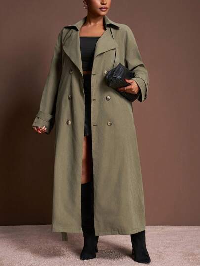 Veslaya 2025新款秋冬大码女装学院风/商务休闲风/西式风/办公室着装/街头夜店/都市度假/毕业典礼/精致优雅/派对/独立日/休闲基础款时尚户外社交装/宽松军绿色绒面革质感带口袋长款外套，秋季