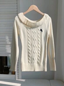 Comfortcana 女式休闲骑士图案露肩插肩长袖毛衣