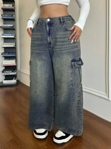 Dripcurv Plus Size Casual Loose Straight Leg Jeans, Blue Baggy Jeans Y2k Two Piece Denim Set Low Rise Jeans Cargo Jeans Wide Leg Jeans - Dark Wash - View 6