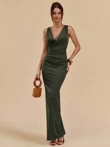 SHEIN BAE Đầm ôm sát cổ xếp nếp màu xanh lá cây đậm/xanh lá cây, Đầm ôm sát thanh lịch - Màu be - Xem 5