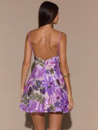 SHEIN BAE 秋冬纯紫色3D刺绣彩色花卉亮片修身露背迷你连衣裙，适合情人节约会、伴娘婚礼派对、生日亮片连衣裙，露背迷你连衣裙，适合派对、夜总会、正式场合亮片迷你连衣裙