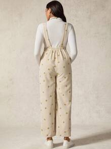 Boho Mama 孕妇花卉刺绣口袋设计休闲连体裤 - 卡其色 - 查看 2