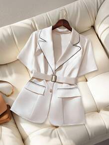 GlowEve CURVE Plus Size Metal Waist Belt Suit - Apricot - View 1