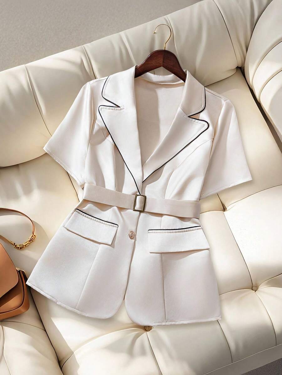 GlowEve CURVE Plus Size Metal Waist Belt Suit - Apricot - View 1
