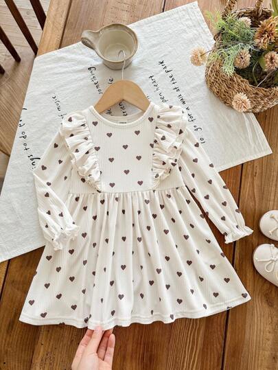 LMoss Kids LMoss Baby Girl Woven Heart Pattern Ruffle Hem Round Neck Casual Dress Baby Girl Long Sleeve Dress Baby Girl Dress Heart Print Dress Baby Heart Dress Baby Cream Dress Fall Winter