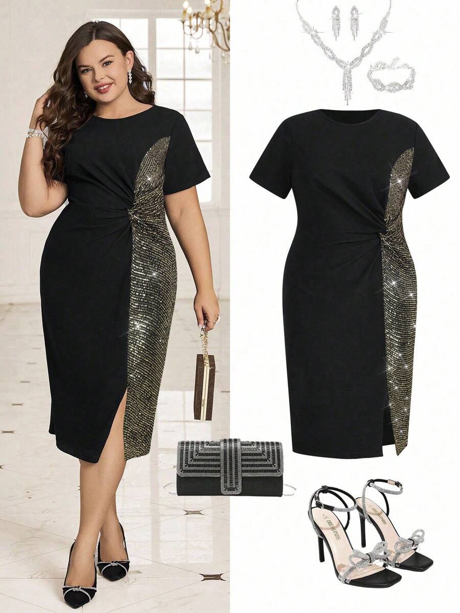 Ellevyn Elegantes Partykleid in Große Größen mit Pailletten-Patchwork und Twist-Detail