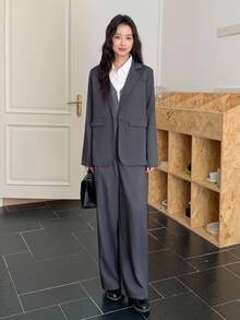 2pcs Teen GirlJacket Set, Gray Fabric, Lapel Collar, Fake Pocket Cover, Suitable For Commuting, Walking, Shopping, Can Be Paired With Long/Short Sleeve Fall Winter