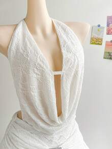 Soleia Spring & Summer Vacation Sexy Halter Draped Neck Backless Tie Strap Double-Layered Hem Metal Buckle Accent Women Mini Dress, Suitable For Music Festivals, Boho, Holidays, Dates, Cruises, Beach - White - View 8