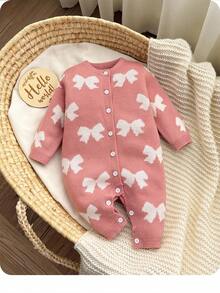 SHEIN Newborn Baby Girl Casual Bow Knit Jumpsuit, Autumn/Winter Baby Winter Clothes Baby Romper Knitted Baby Jumpsuit Baby Jumpsuit Bow Print Baby Clothes Fall - Pink - View 7