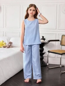 SHEIN 女童条纹印花雪纺吊带背心和裤子睡衣套装 - 彩色 - 查看 3