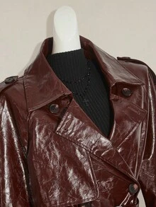 SHEIN ICON 女式纯色长袖 PU 皮夹克 - 酒紅色 - 查看 5