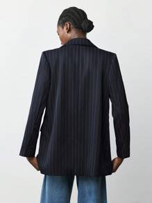 Maija 女士蓝色条纹长款休闲西装外套，秋季百搭都市风格，商务休闲女装，秋季，女士秋季 - 藏蓝色 - 查看 6