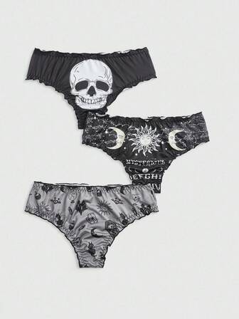 3 Stücke/Pack Gothic Totenkopf, Sonne & Mond Muster Slips Set