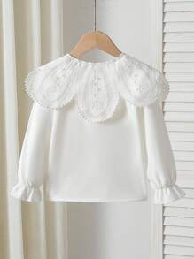 SHEIN Playful Pals Mädchen elegante besticktes Blumen Kragen & Manschette Langarm Knopf-Vorder Lässig Prinzessin Bluse, geeignet für Schule, Urlaub, Reise, Geburtstag, Frühling/Herbst