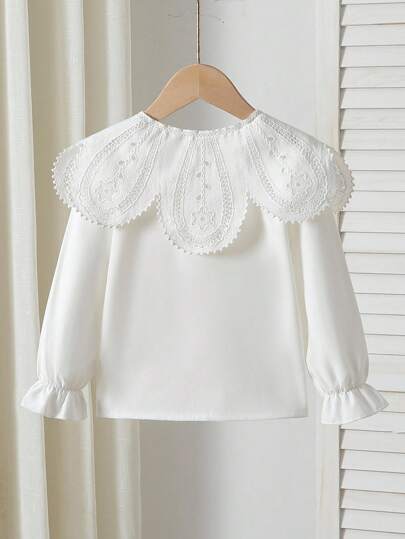 SHEIN Playful Pals Girls' Elegant Embroidered Floral Collar & Cuff Long Sleeve Button-Front Casual Princess Blouse, Suitable For School, Vacation, Travel, Birthday Party, Spring/Autumn Fall Winter