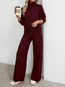 SHEIN Tall 女款休閒舒適高領毛衣與寬腿褲兩件套，純色酒紅色，長袖針織秋冬女裝，適合高個子女性 - 酒紅色 - 查看 5