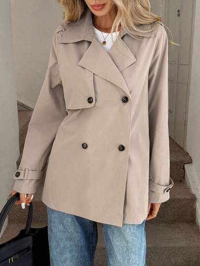 Easowa Khaki Casual Women's Trench Coat With Lapel Collar And Pockets In Regular Length Oversized Women Fall Neutral