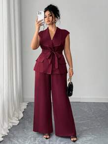 Elenzga Plus Size Women's Elegant Asymmetrical Lapel Open Front Blazer With Belt & Wide Leg Pants 2 Pieces Set, Spring/Summer - Burgundy - View 1