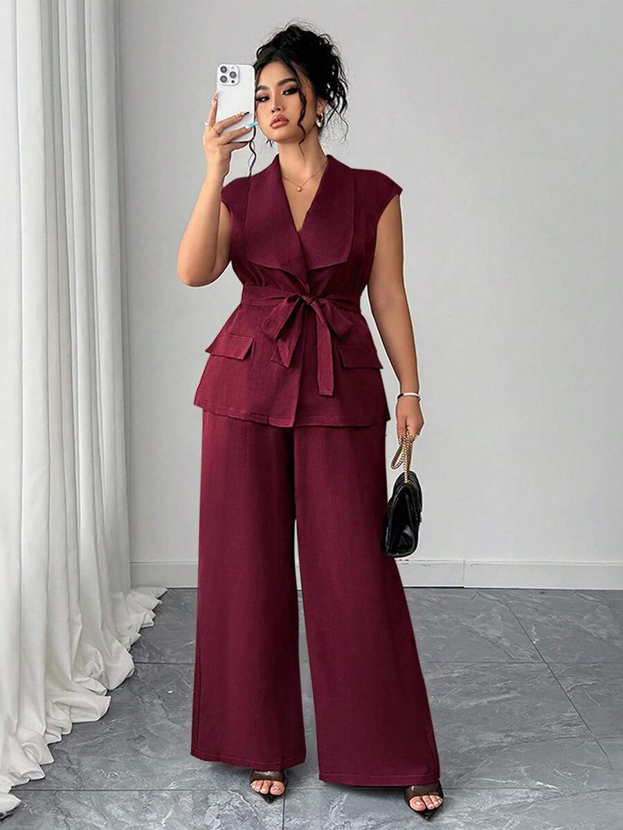Elenzga Plus Size Women's Elegant Asymmetrical Lapel Open Front Blazer With Belt & Wide Leg Pants 2 Pieces Set, Spring/Summer - Burgundy - View 1