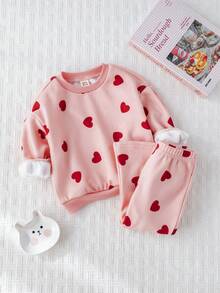 Cozy Pixies 2 件套女婴心形图案针织柔软圆领长袖运动衫和松紧腰喇叭裤套装 - 彩色 - 查看 5