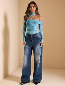 SHEIN BAE Bộ đồ liền thân dài tay lệch vai họa tiết nhuộm màu xanh lam dành cho nữ, bộ đồ liền thân thanh lịch, thích hợp mặc nhiều lớp và đi chơi vào mùa thu/đông - Màu xanh lam - Xem 3