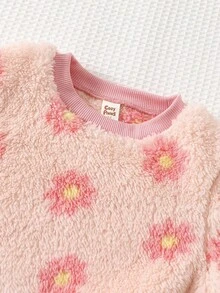 Cozy Pixies 2件套少女花卉印花羊毛圆领长袖运动衫和松紧腰喇叭裤套装 - 粉色 - 查看 4